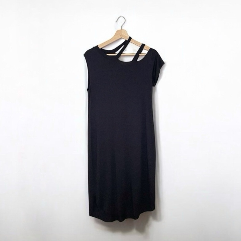 NWT MiJo Michelle Jonas Asymmetrical Strap Jersey Midi Dress Black Medium